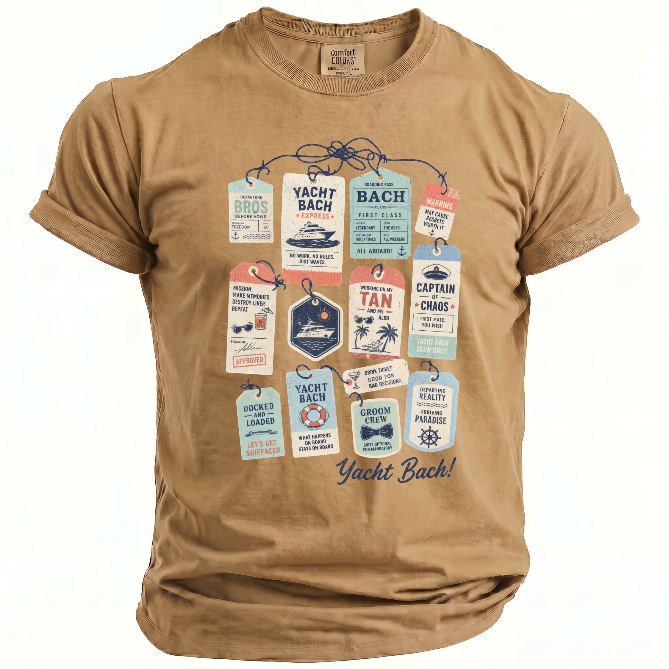 Tan Comfort Colors t-shirt with "Yacht Bach" graphic featuring luggage tags.
