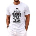White t-shirt with "Spooky Crew Tyler's Bachelor Bash" text and skeleton graphic.