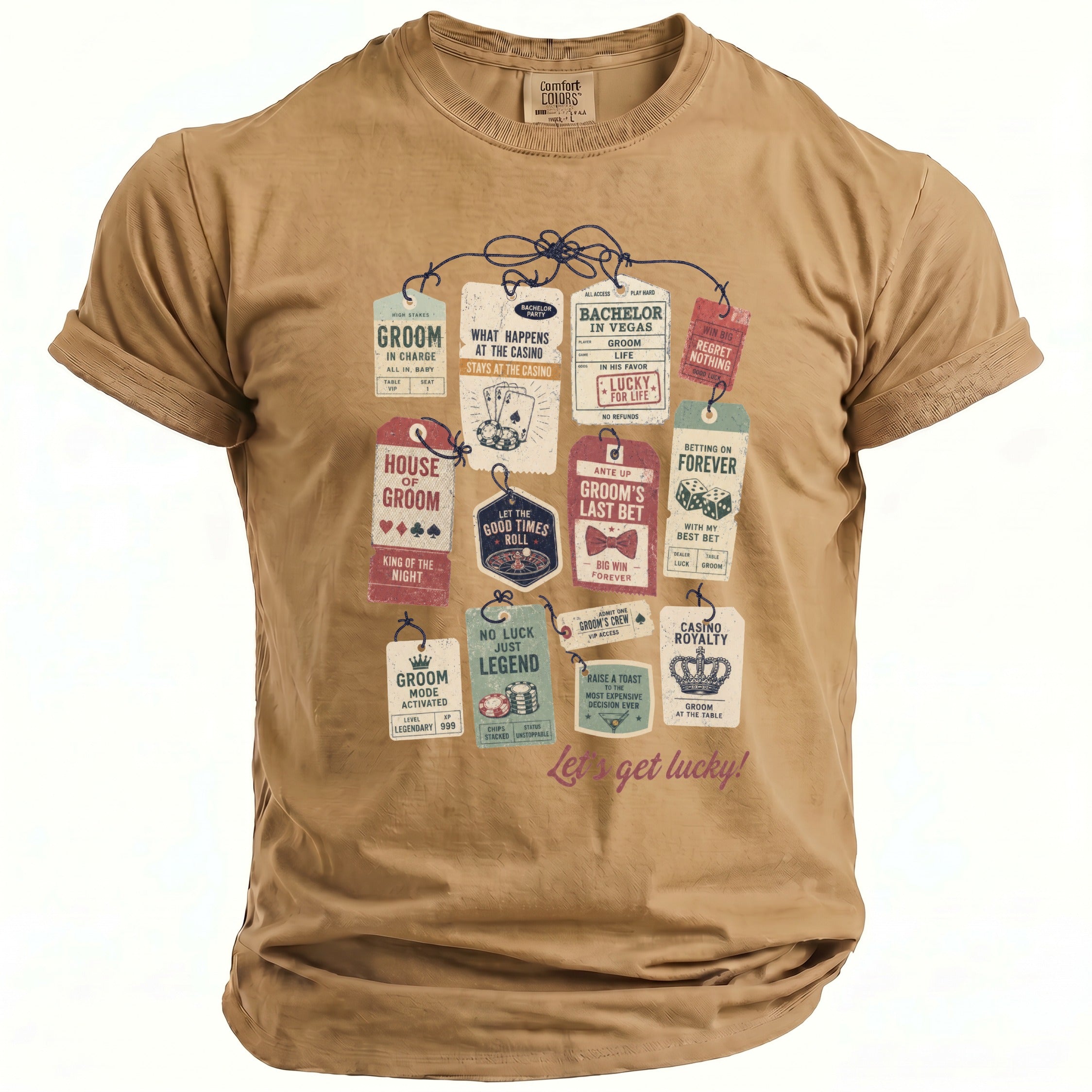 Brown t-shirt with casino-themed tags: Groom in charge, Bachelor in Vegas, and Casino Royalty.