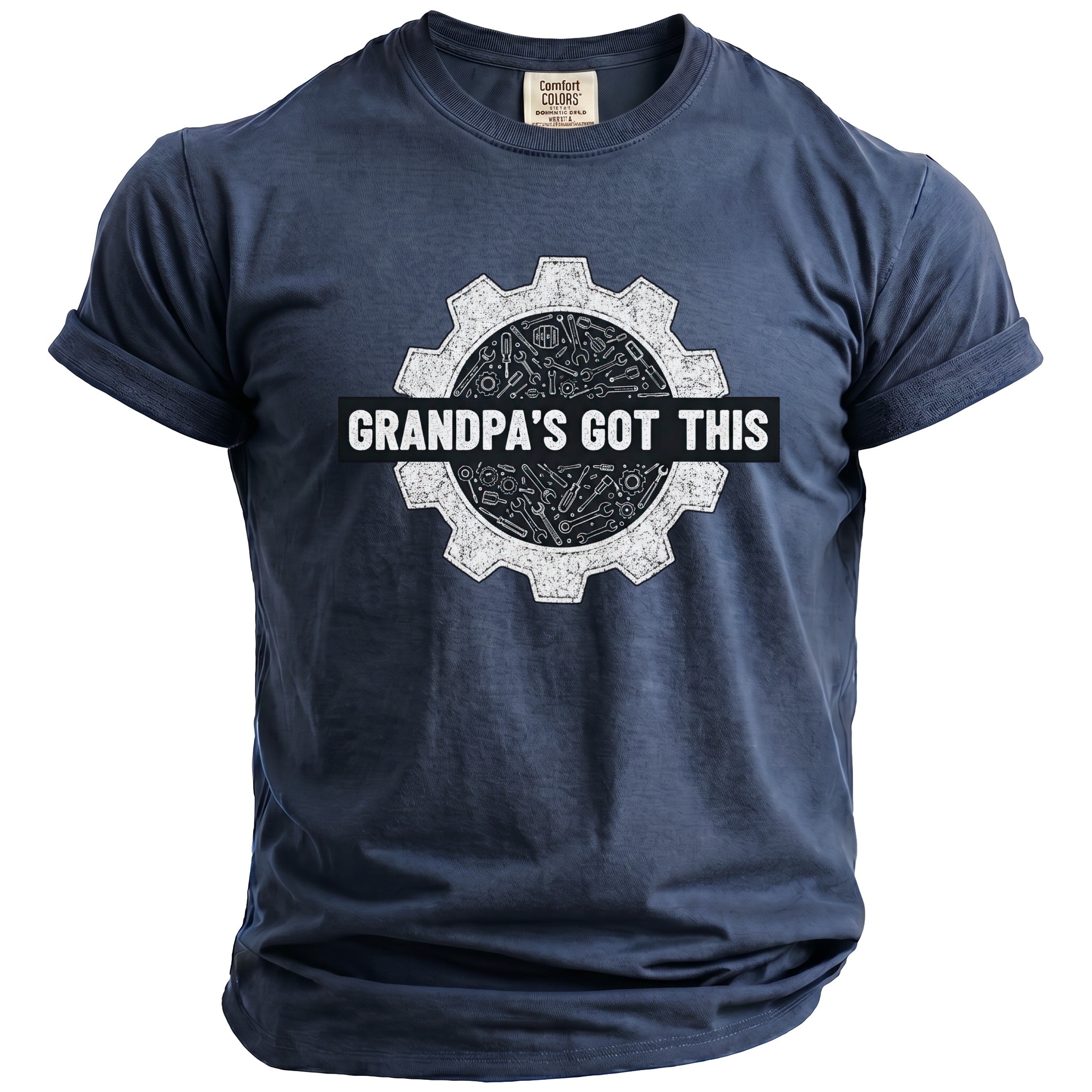 Navy t-shirt with graphic "Grandpa's Got This" over a gear with tools.