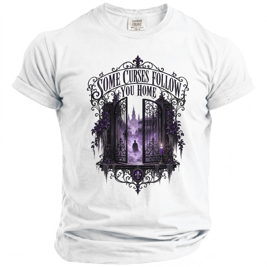 White t-shirt with gothic gate graphic and "Some Curses Follow You Home" text.