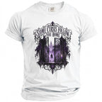 White t-shirt with gothic gate graphic and "Some Curses Follow You Home" text.