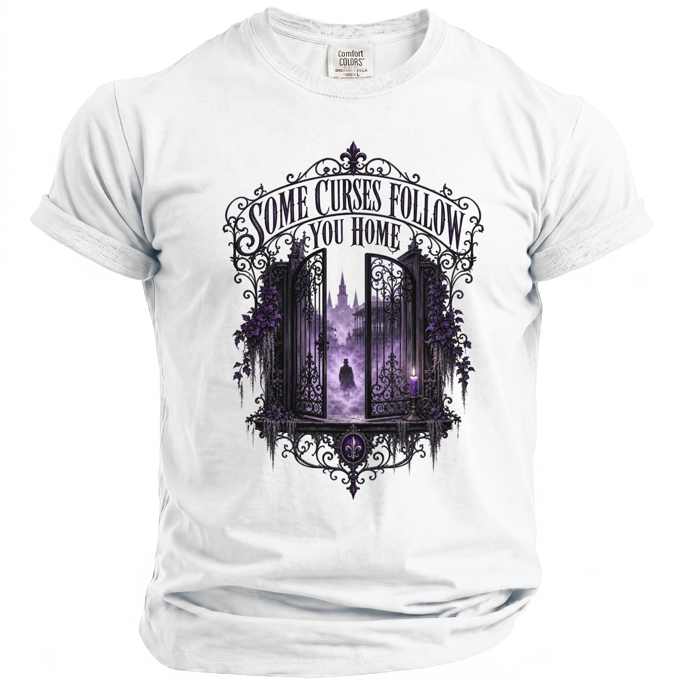 White t-shirt with gothic gate graphic and "Some Curses Follow You Home" text.