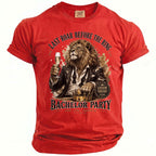 Red t-shirt with a lion in a suit holding champagne, for a bachelor party.