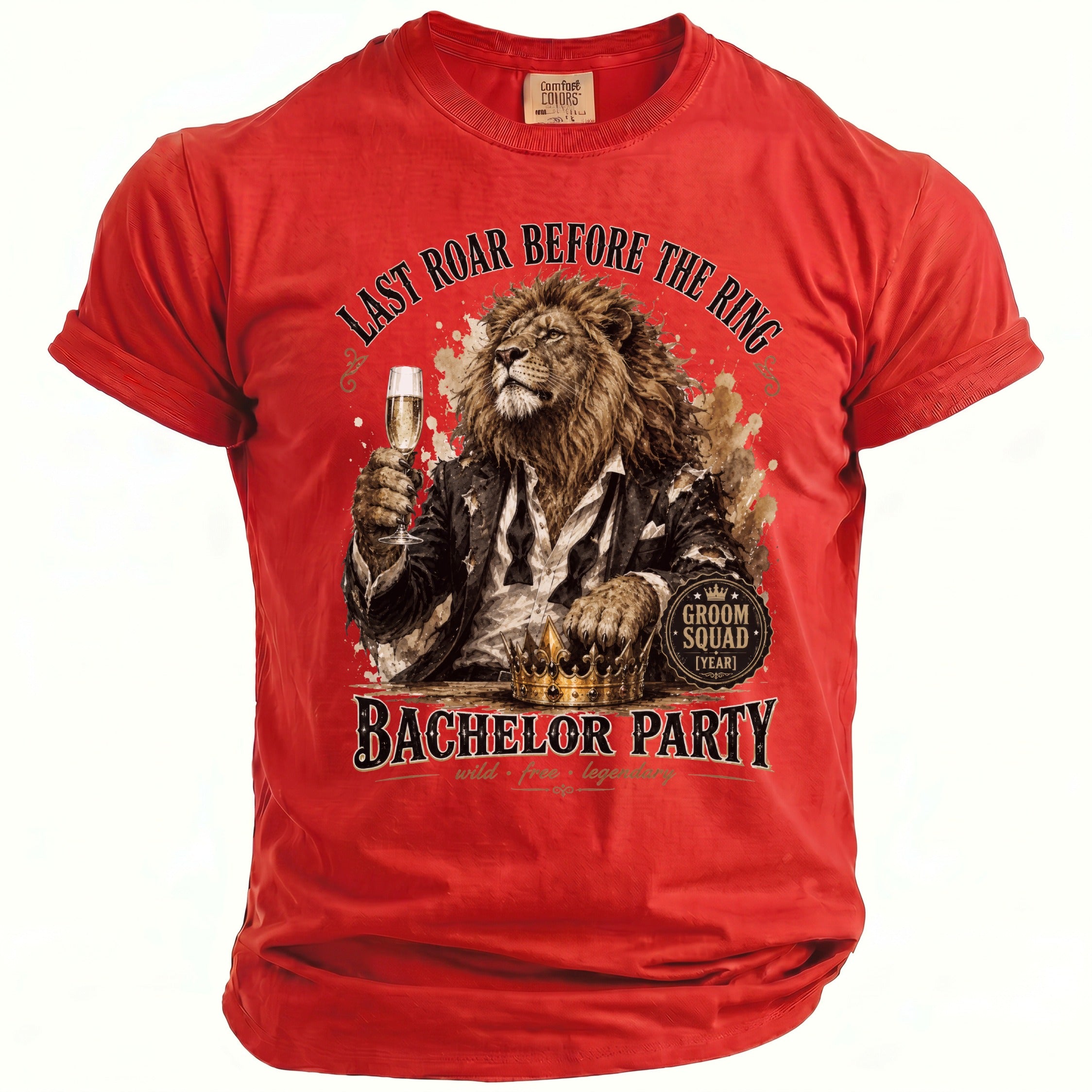 Red t-shirt with a lion in a suit holding champagne, for a bachelor party.