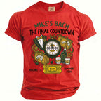 Red t-shirt with "Mike's Bach The Final Countdown" and bachelor party graphics.