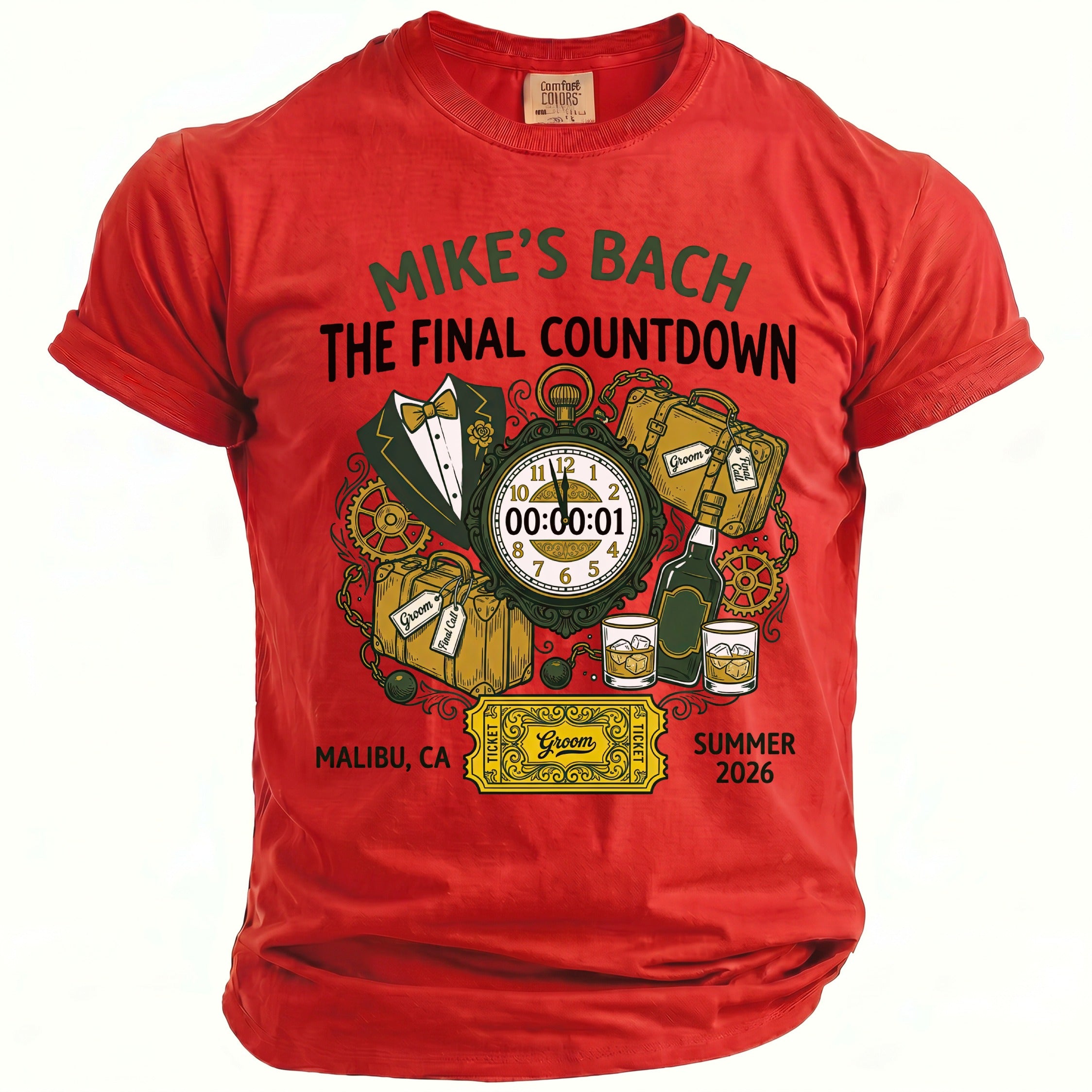 Red t-shirt with "Mike's Bach The Final Countdown" and bachelor party graphics.