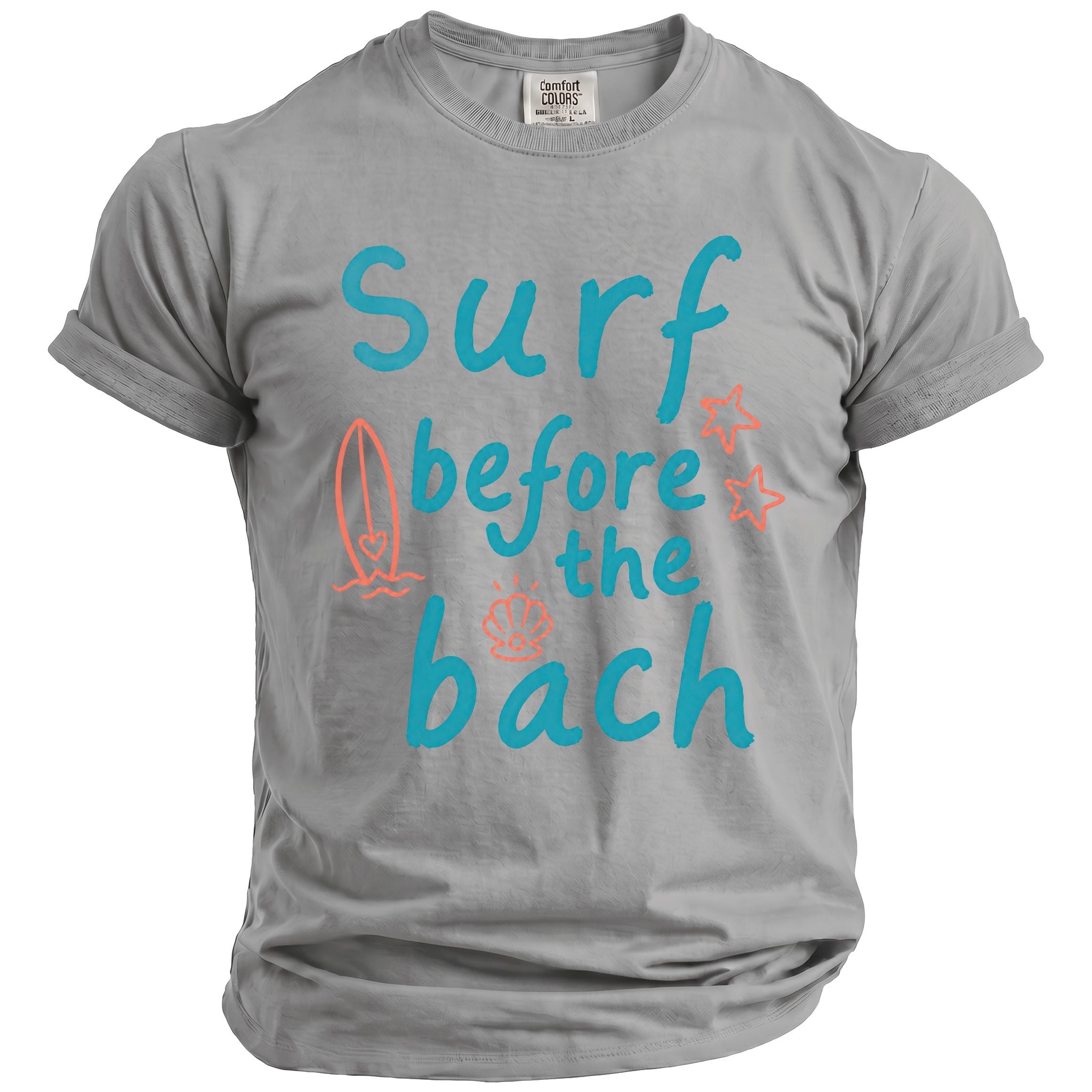 Grey t-shirt with "surf before the bach" text and beach graphics.