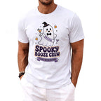 White t-shirt with a ghost groom holding a cocktail, "Spooky Booze Crew" text.