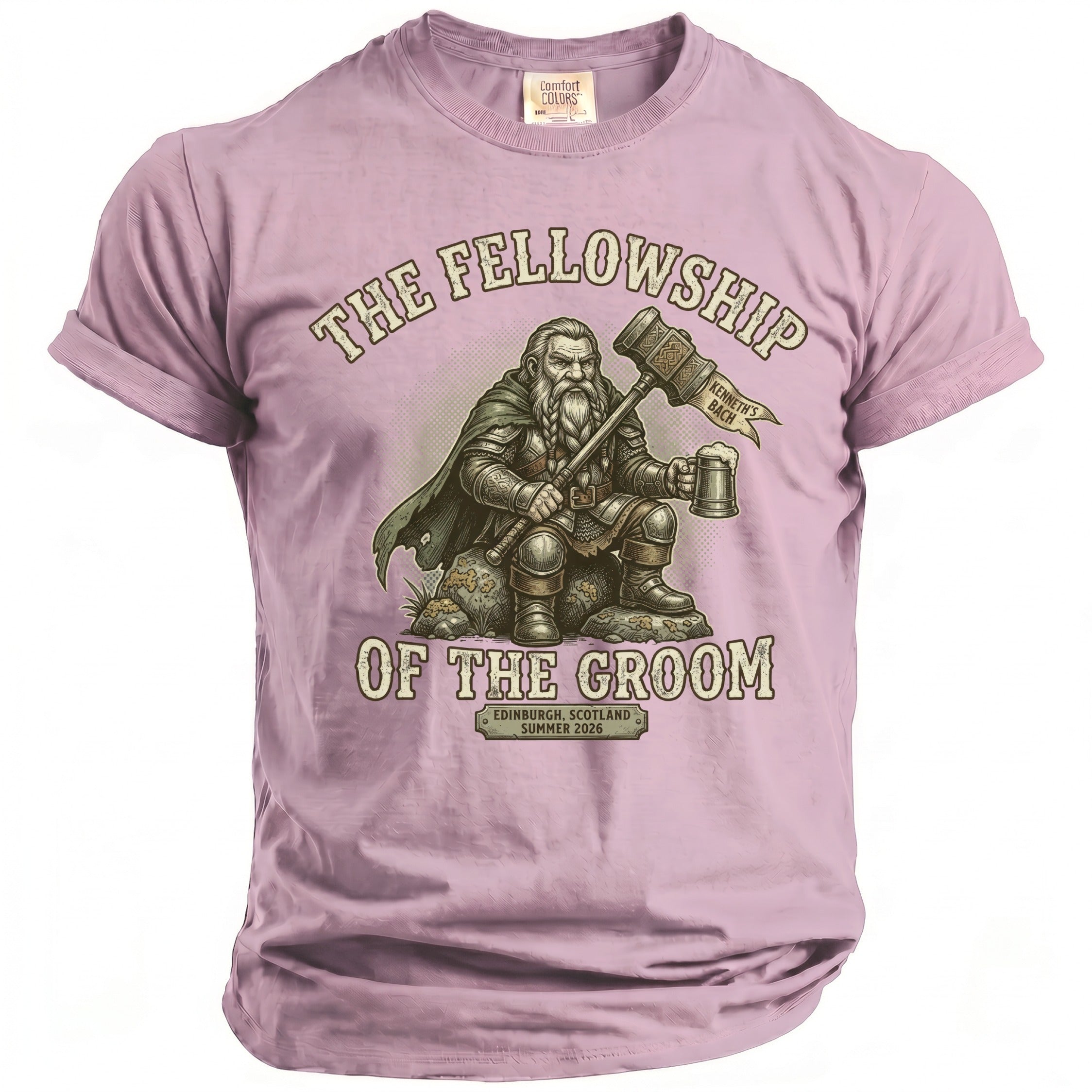The Fellowship of the Groom t-shirt features a dwarf with hammer and mug, Edinburgh, Scotland, Summer 2026.