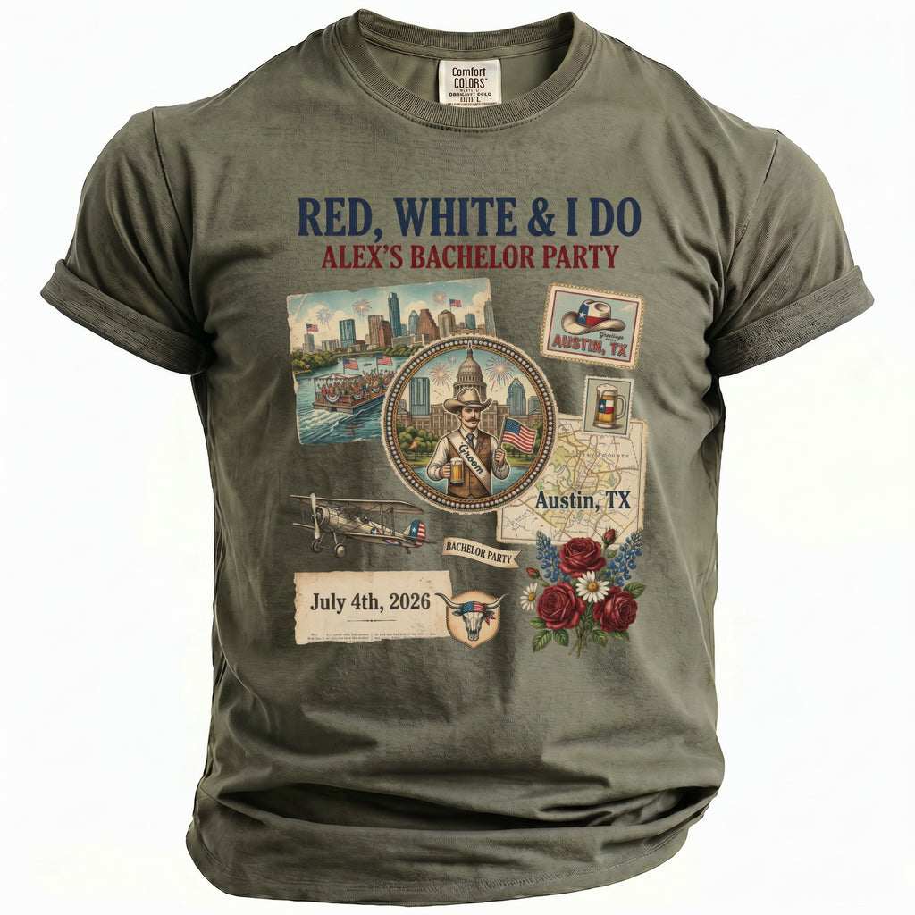 Olive green t-shirt with Red, White & I Do Alex's Bachelor Party design.