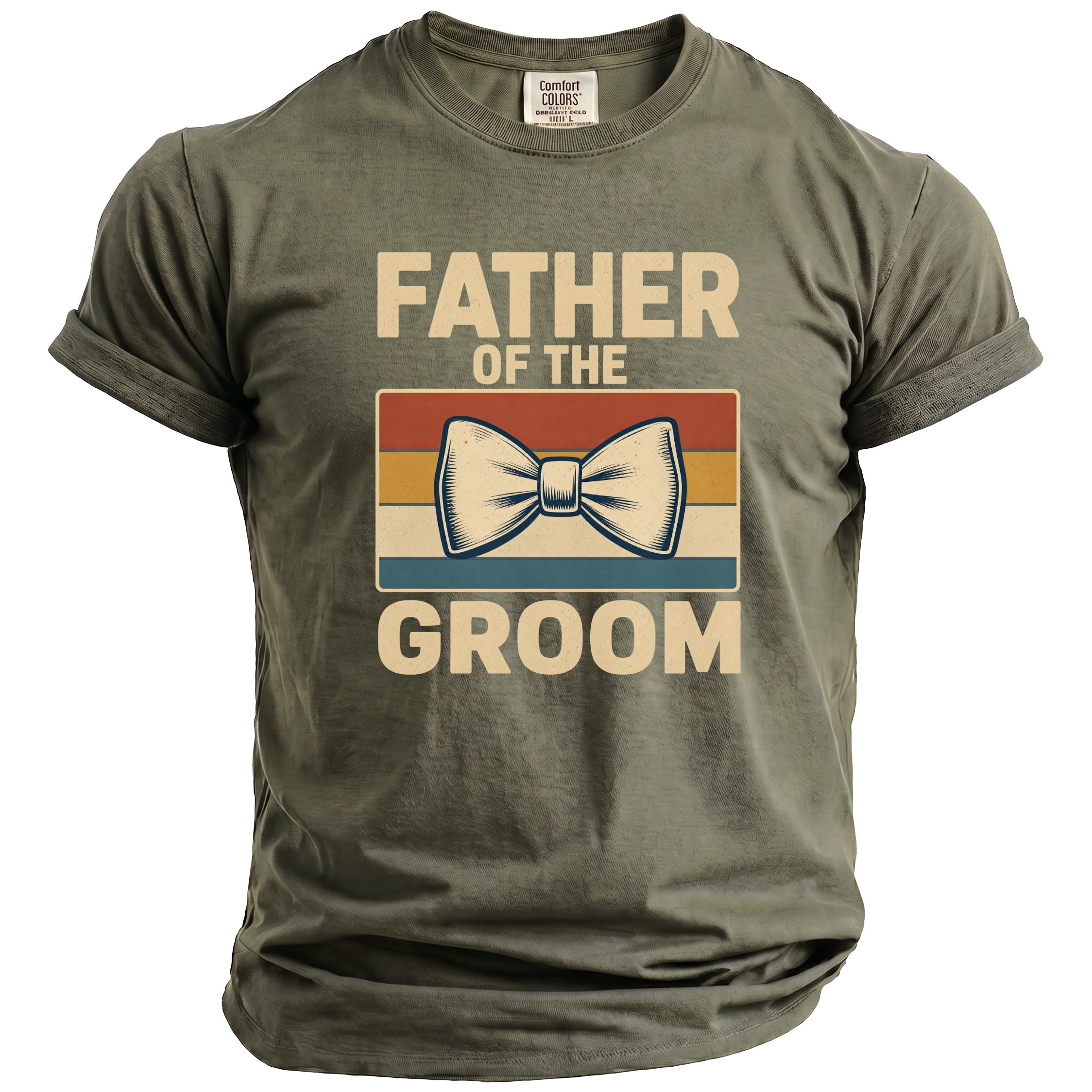 Olive green t-shirt with "FATHER OF THE GROOM" and bow tie graphic.