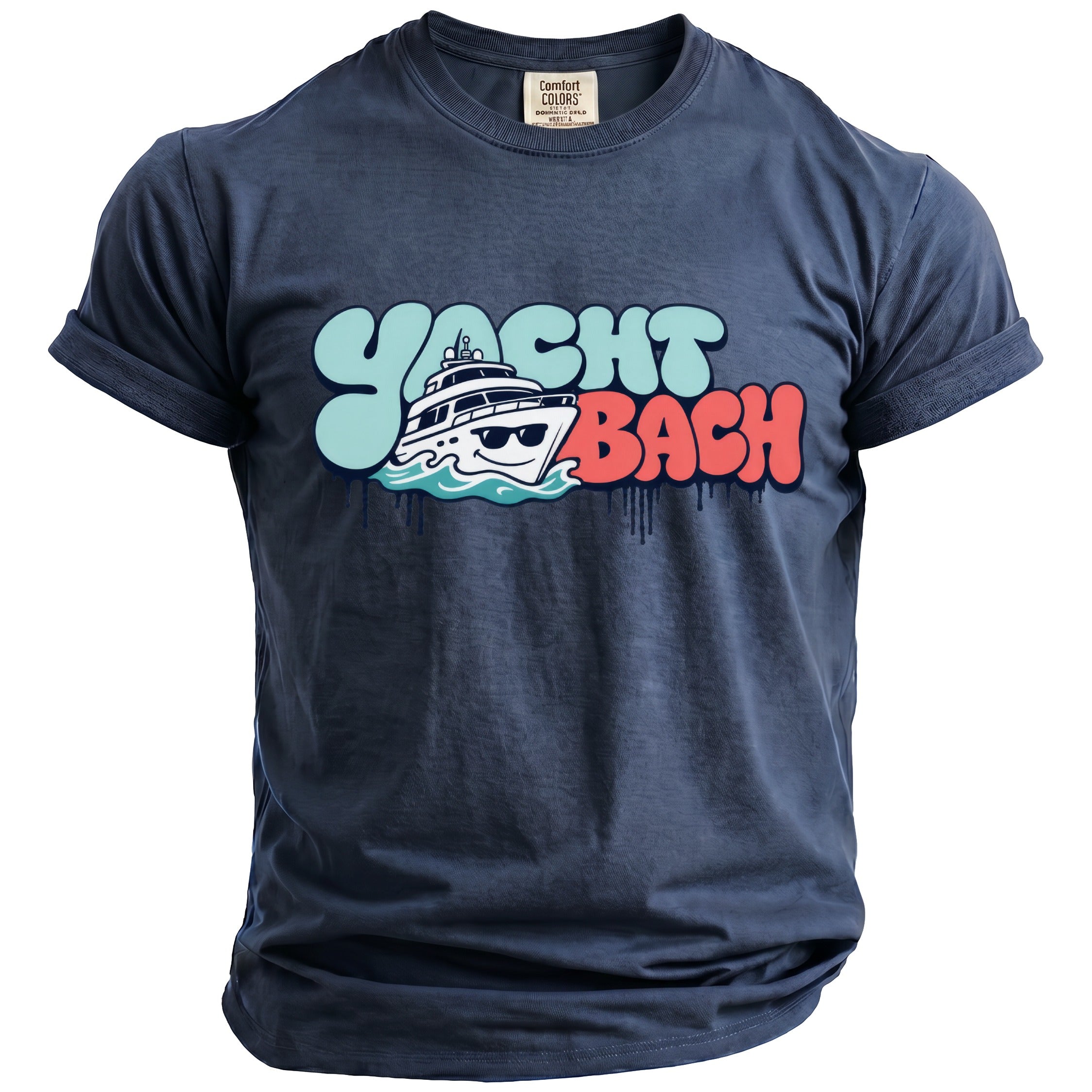 Navy t-shirt with "Yacht Bach" text and graphic of a yacht wearing sunglasses.