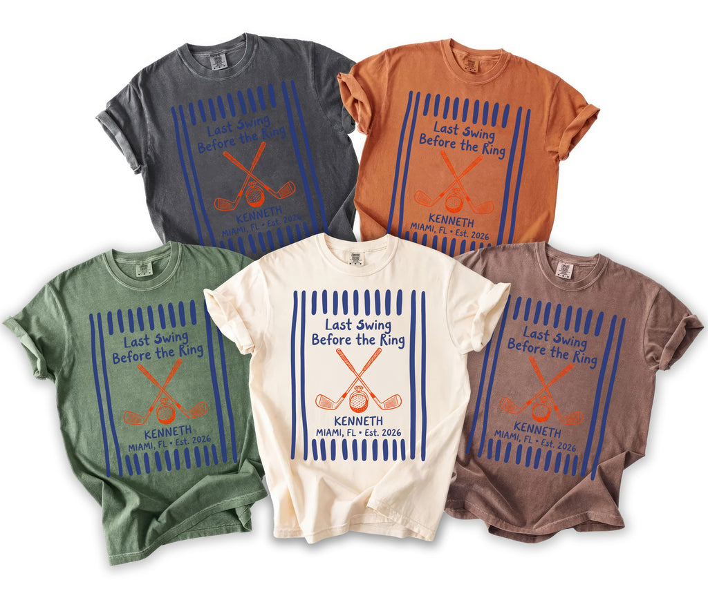 Five t-shirts in different colors with "Last Swing Before the Ring" graphic.