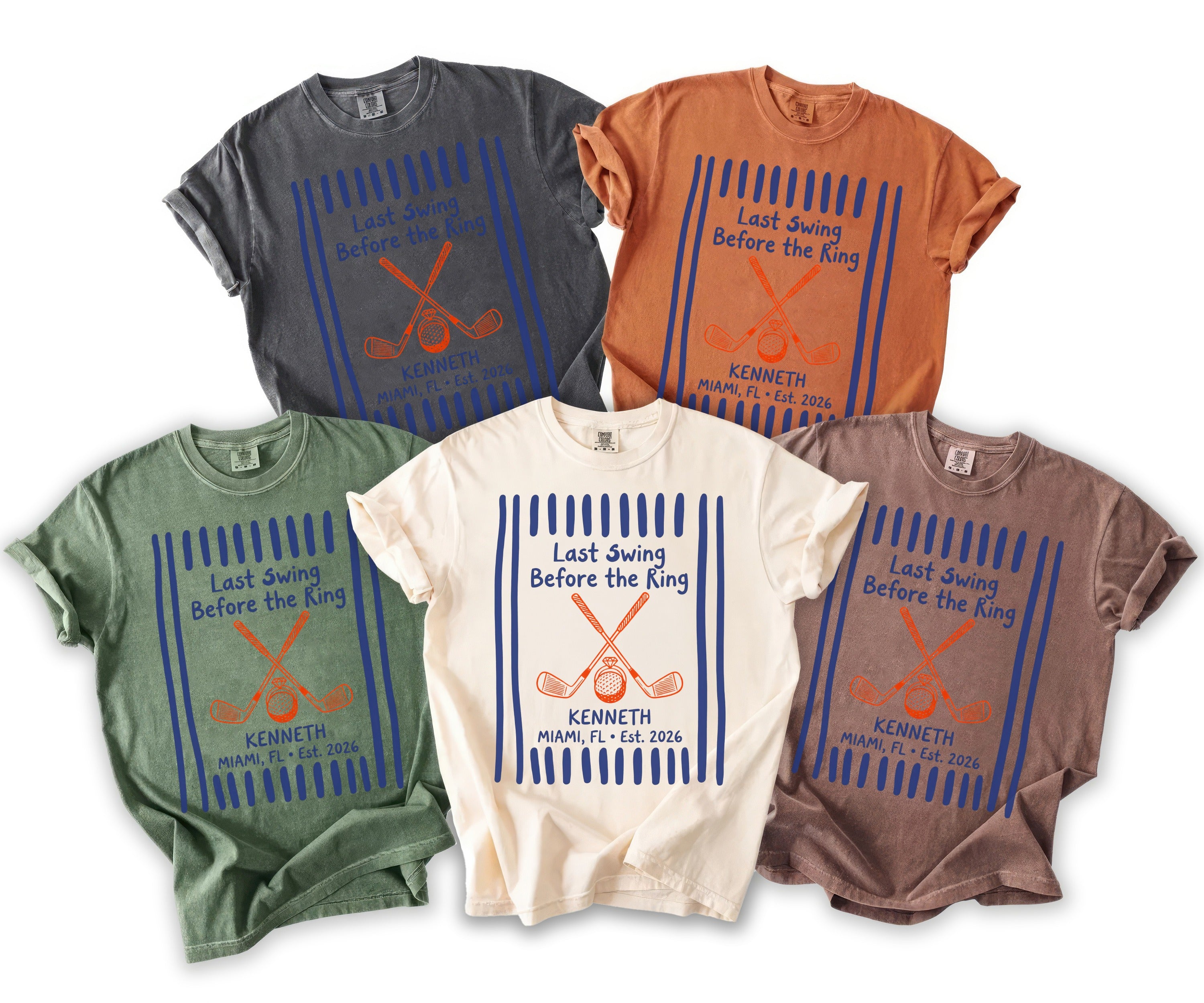 Five t-shirts in different colors with "Last Swing Before the Ring" graphic.