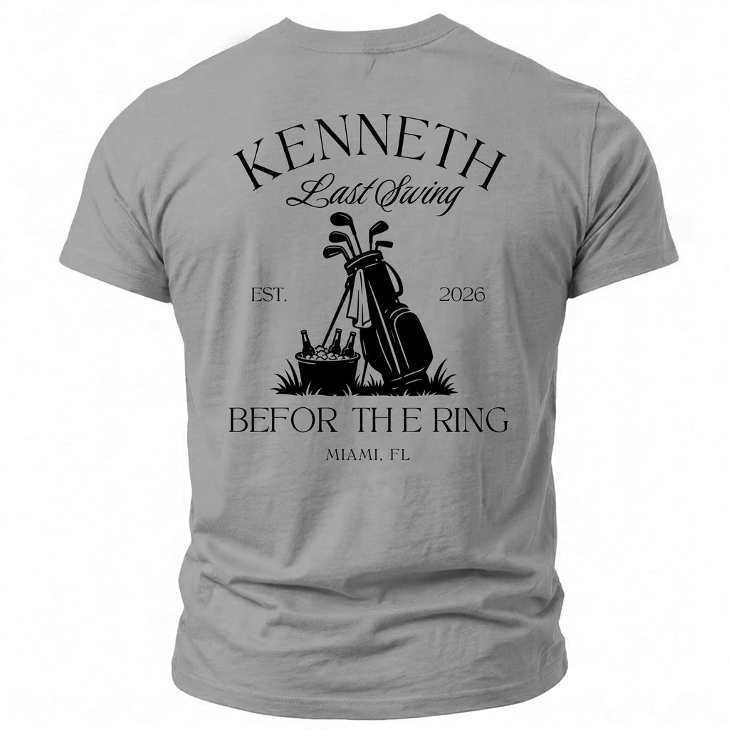 T-shirt with "Kenneth Last Swing" and golf graphic, Miami FL.