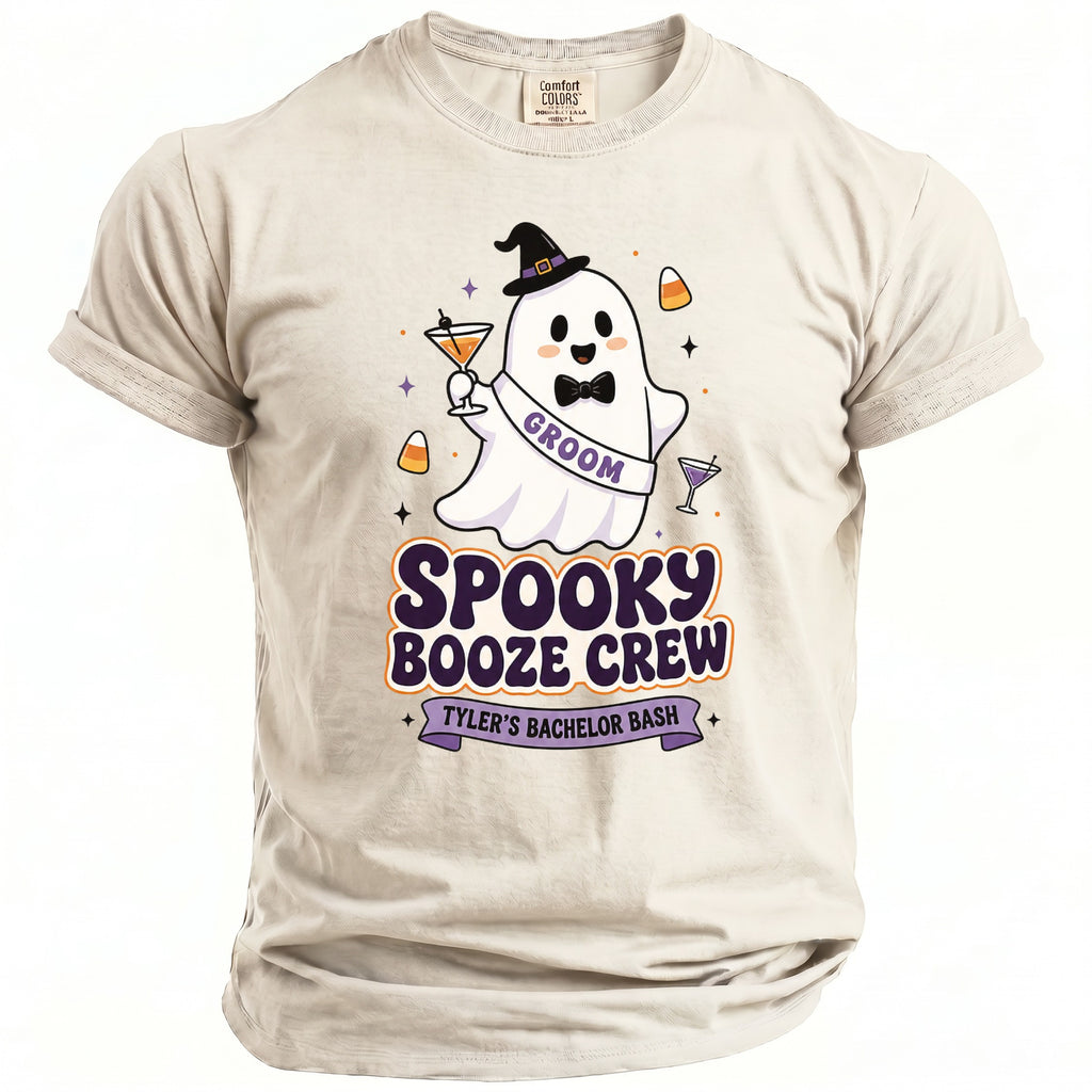 T-shirt with a cartoon ghost, "Groom" sash, and "Spooky Booze Crew Tyler's Bachelor Bash" text.