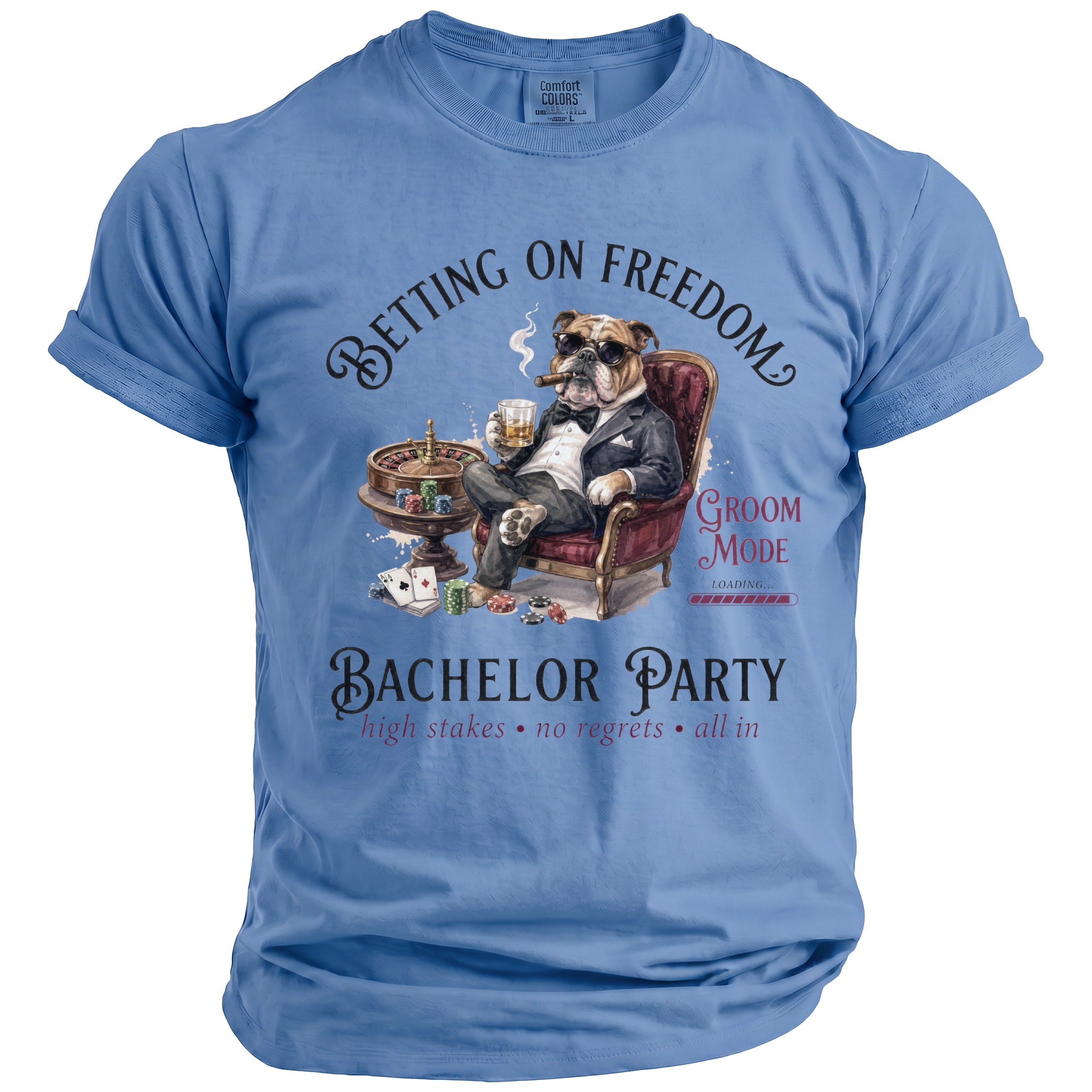 Bulldog in tuxedo with cigar and drink for bachelor party on t-shirt.