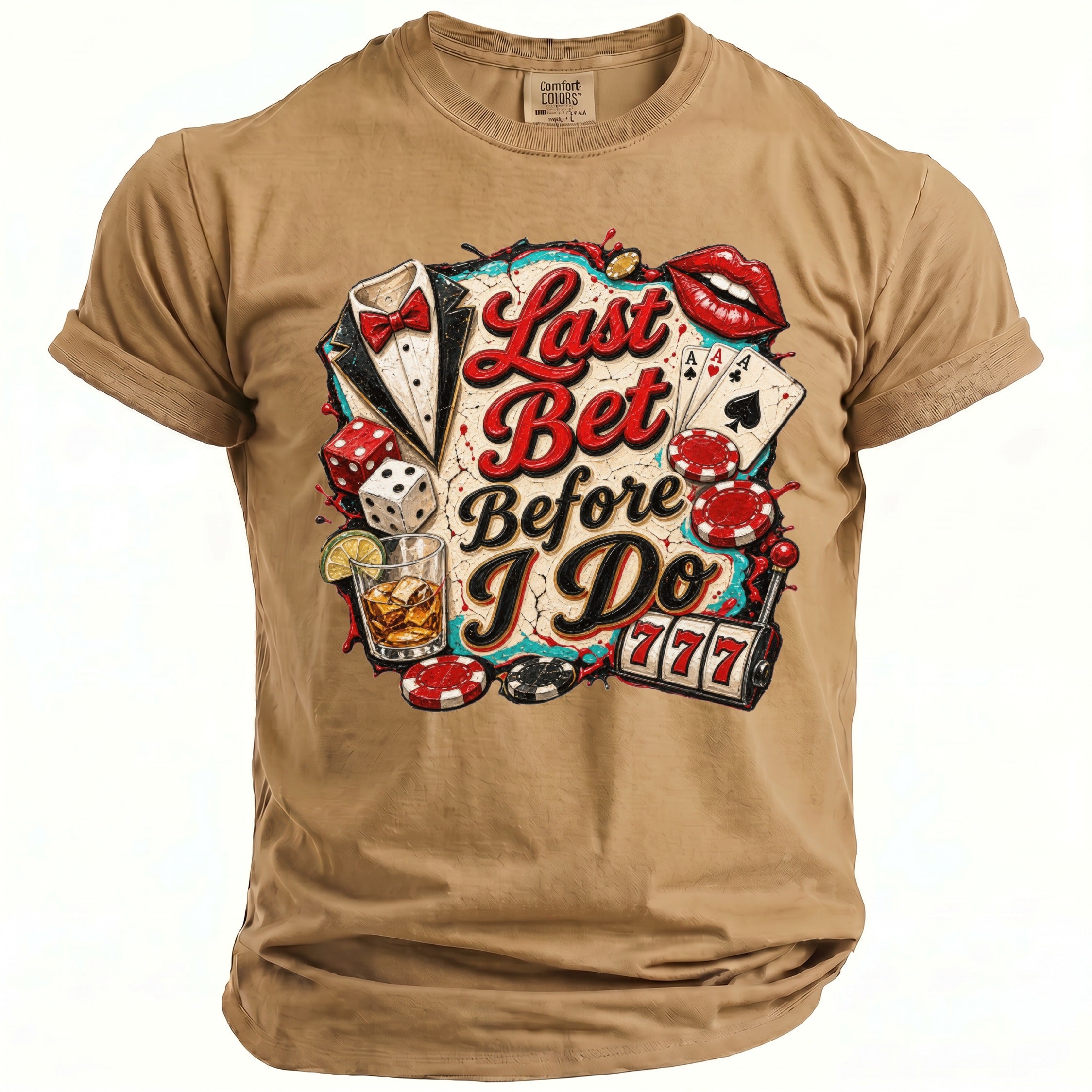 Brown t-shirt with graphic art featuring dice, cards, chips, and text.
