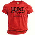 Red t-shirt with black text: Under New Management, Mike's Bach, L.A., CA. Summer 2026.