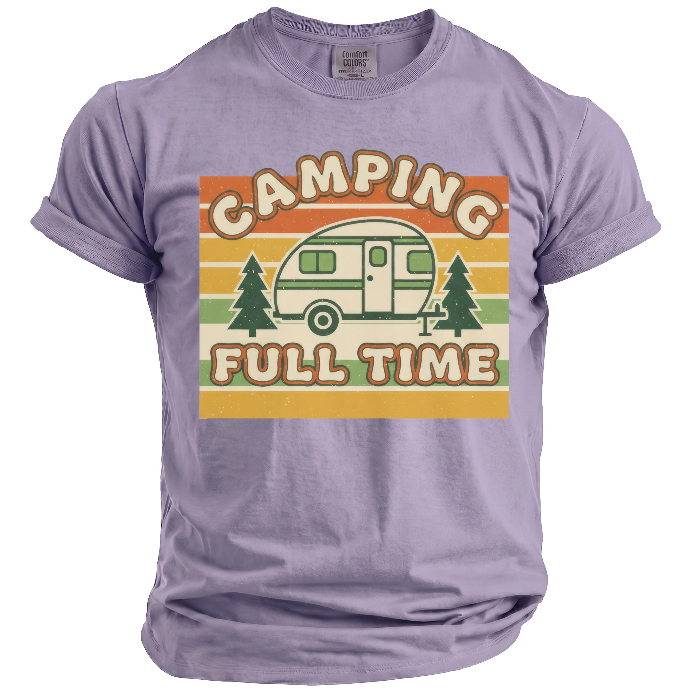 Light purple t-shirt featuring a retro graphic with a camper, pine trees, and the text CAMPING FULL TIME.