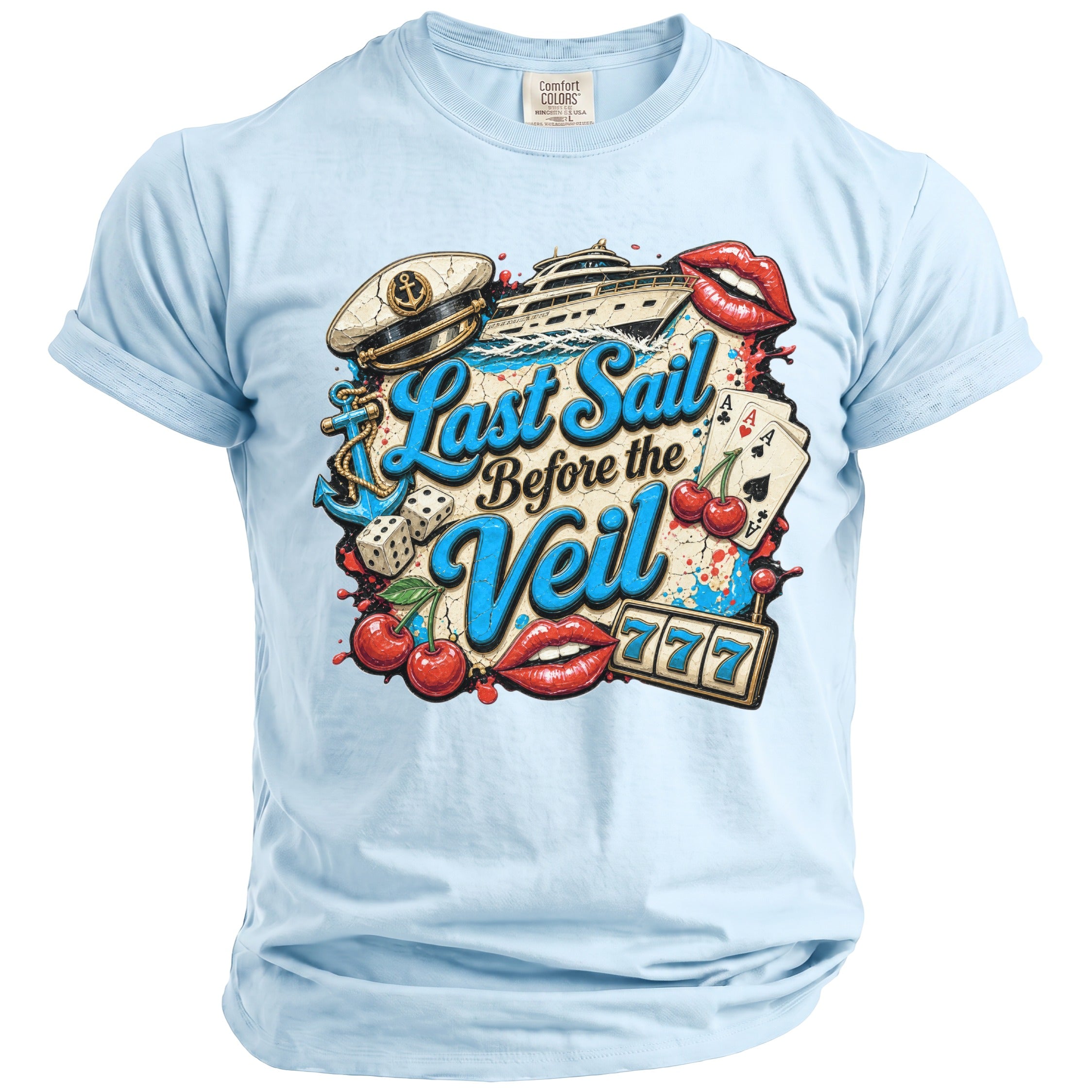 A light blue t-shirt with a vintage-style nautical graphic featuring the text Last Sail Before the Veil.
