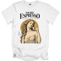 White t-shirt with "MORE ESPRESSO LESS DRAMA" and a woman drinking coffee.