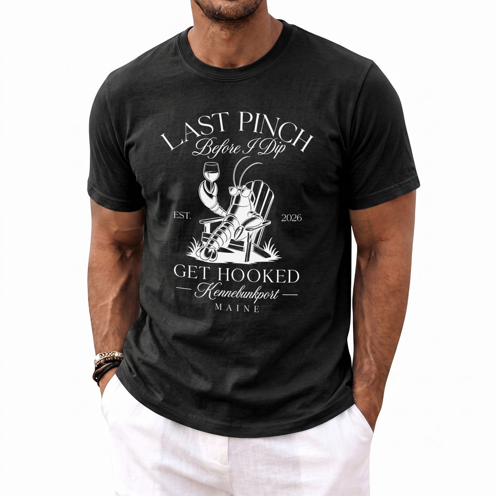 Black t-shirt with graphic: "Last Pinch Before I Dip," lobster with wine, Kennebunkport, Maine.