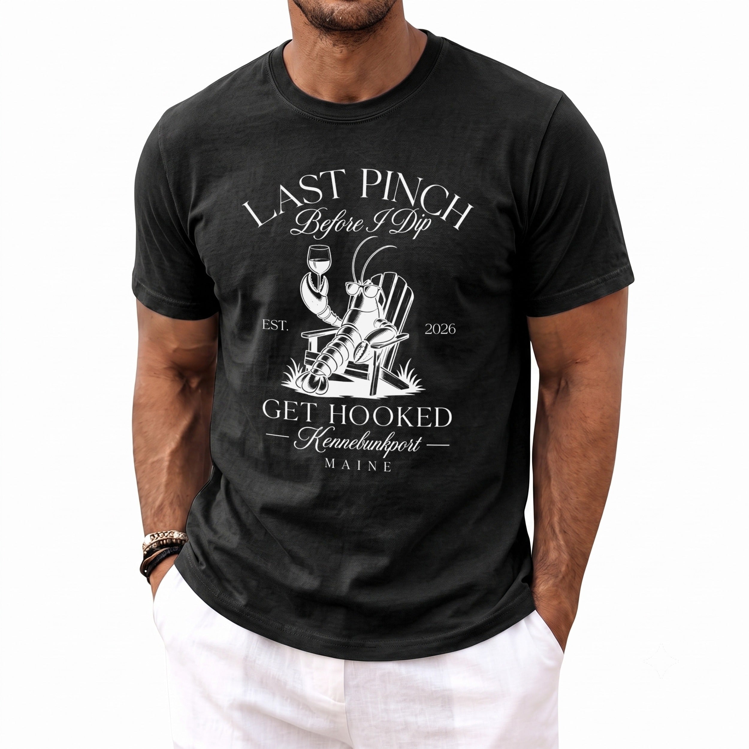 Black t-shirt with graphic: "Last Pinch Before I Dip," lobster with wine, Kennebunkport, Maine.