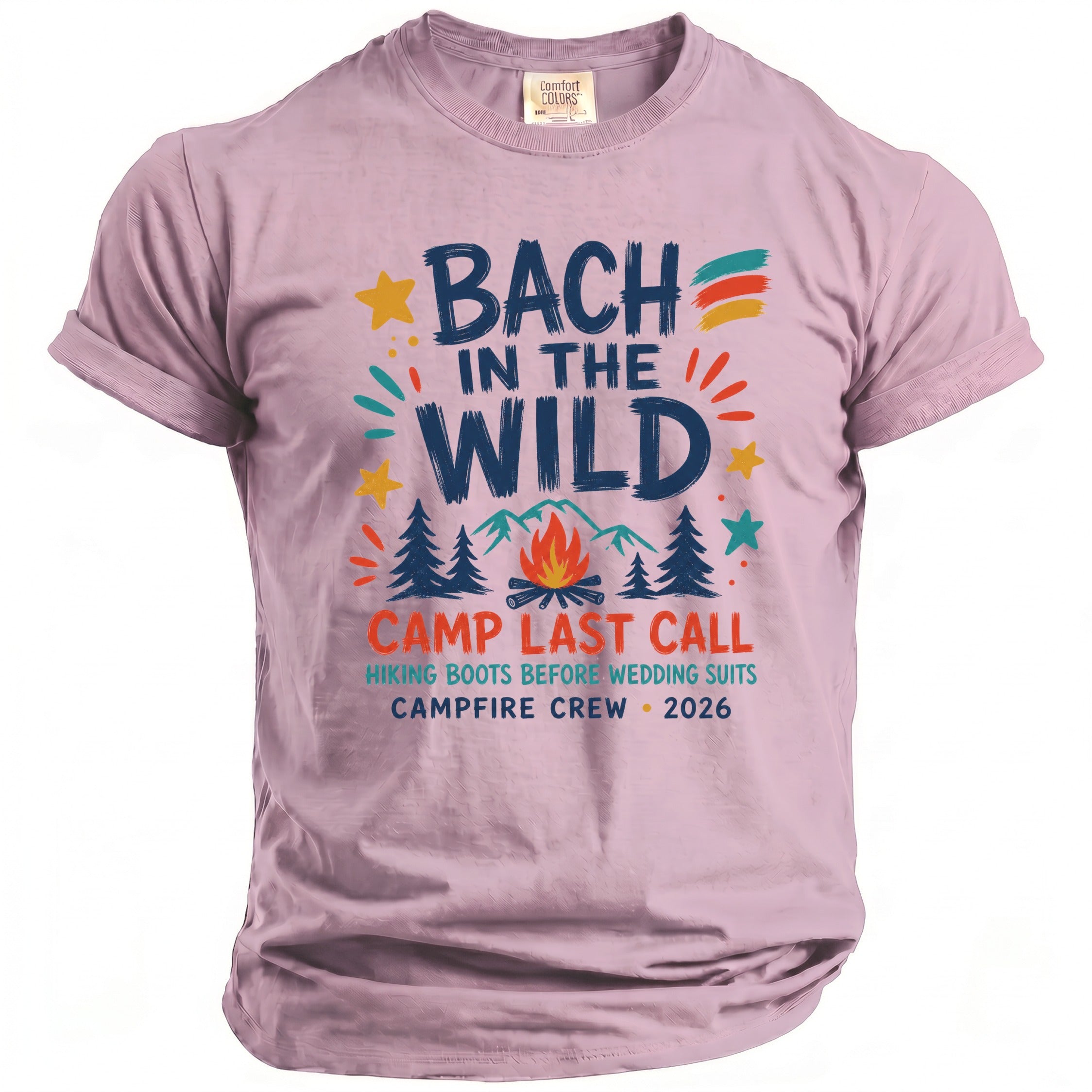 Pink t-shirt with "Bach in the Wild" graphics and campfire theme.