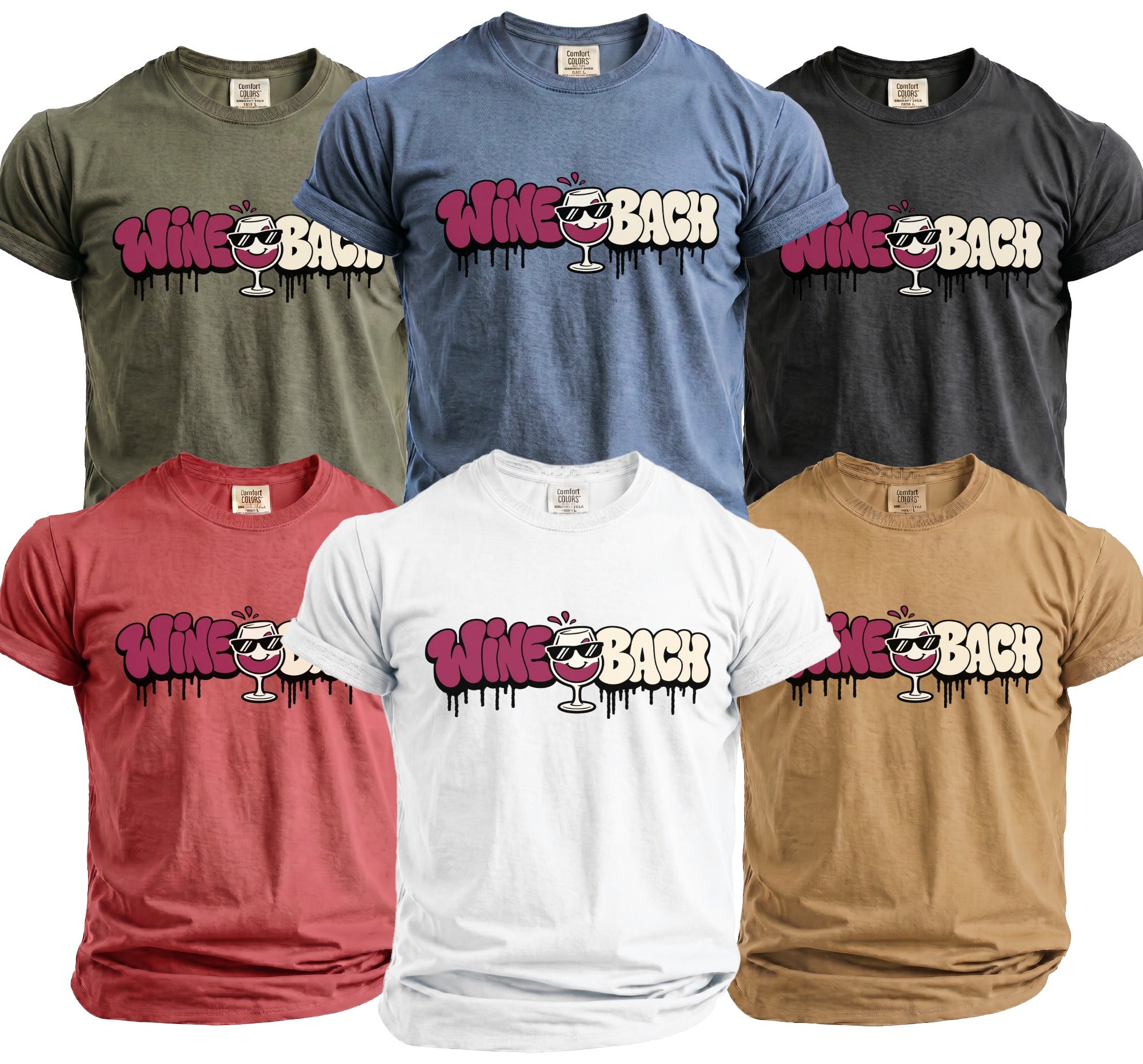 Six t-shirts in different colors featuring "Wine Bach" text and a wine glass graphic.