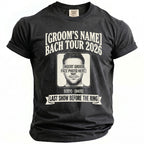 Black t-shirt with "Groom's Name Bach Tour 2026" and photo placeholder.