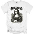 Mona Lisa illustration on white t-shirt with text "Smiling Since 1503" and "please stop taking photos".
