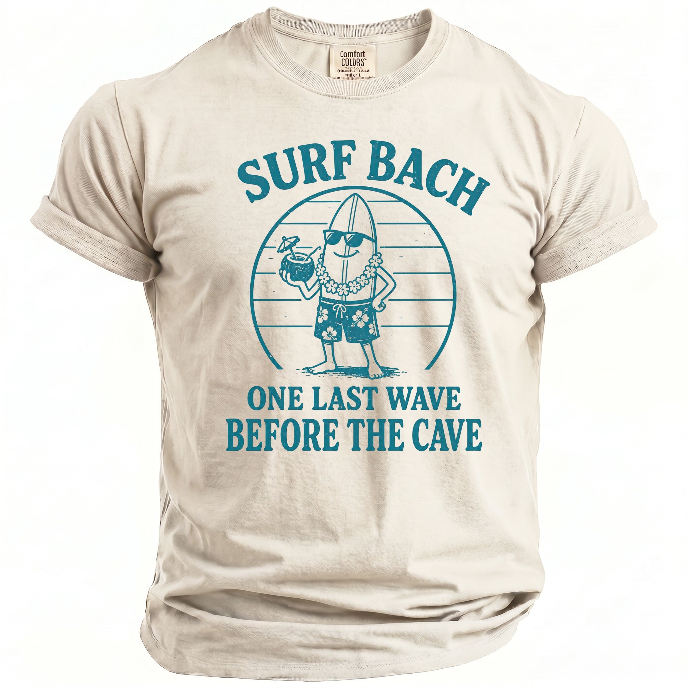 T-shirt with graphic of anthropomorphic surfboard, "SURF BACH ONE LAST WAVE BEFORE THE CAVE".