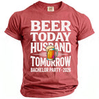 Red t-shirt with "Beer Today Husband Tomorrow Bachelor Party 2026" text and beer graphic.
