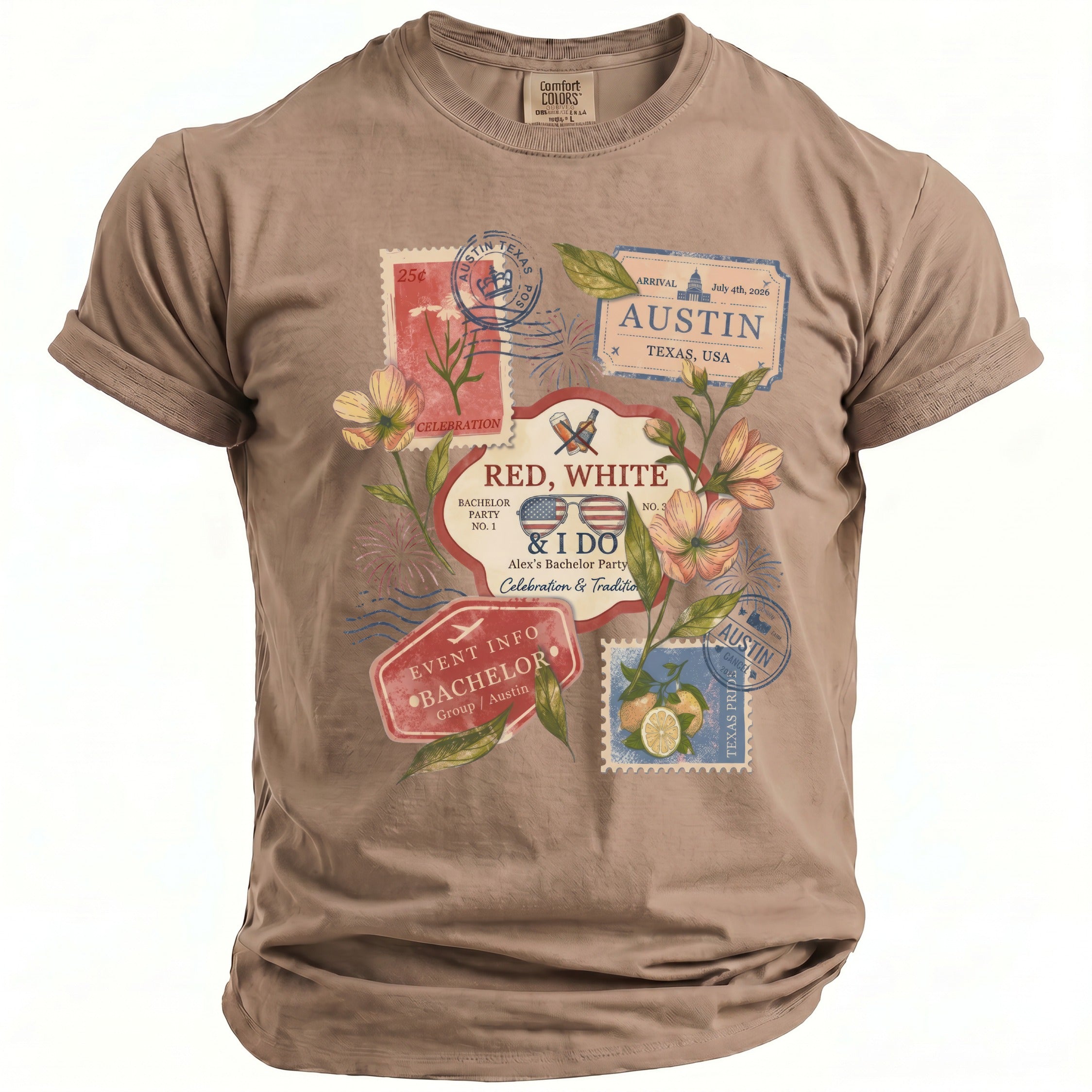 Taupe t-shirt with "Red, White & I Do" Austin Bachelor Party graphic elements.