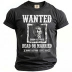 Dark grey t-shirt with "WANTED DEAD OR MARRIED" and a groom photo.