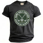 T-shirt with "Same Hole Forever" graphic featuring crossed golf clubs, ball, and text.