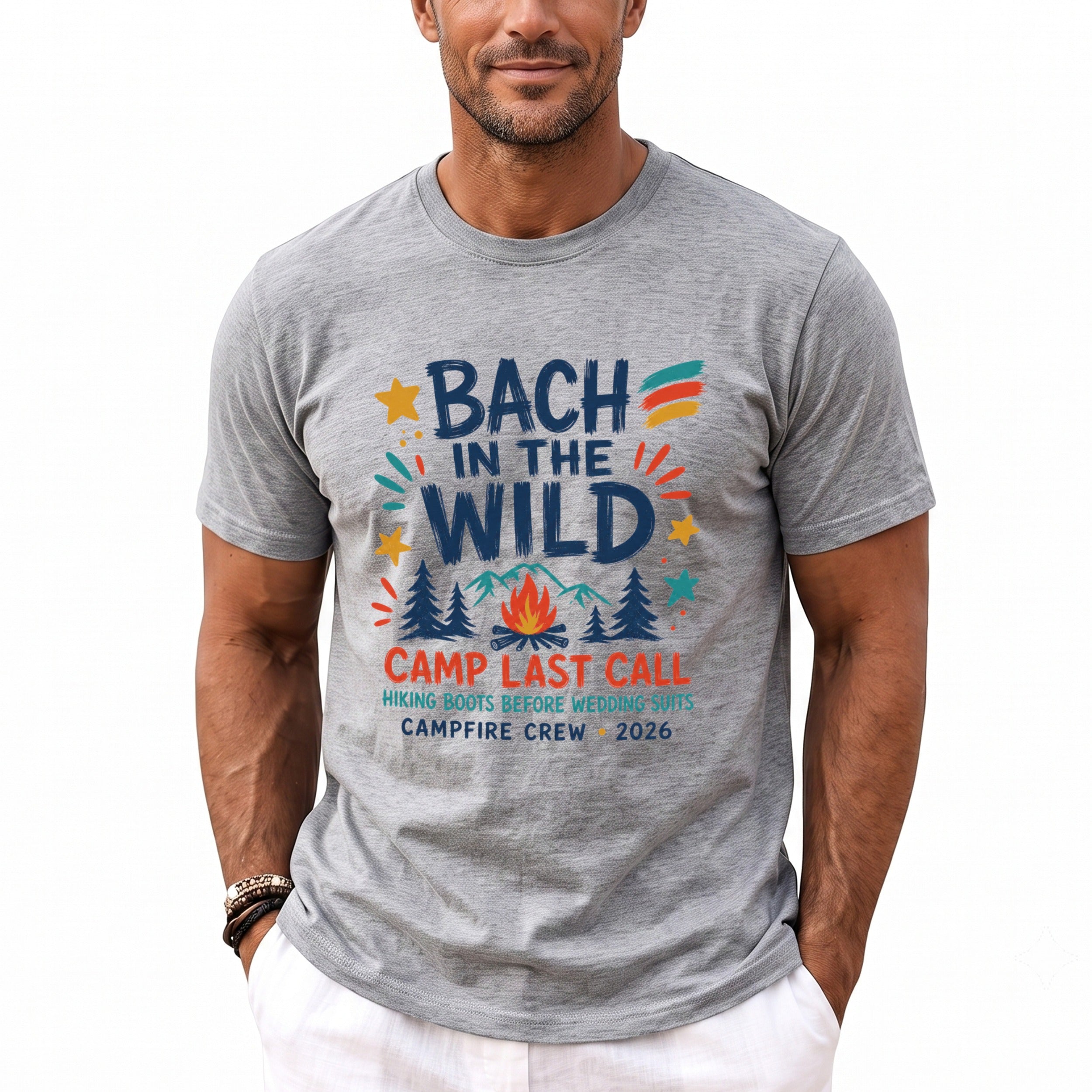 Grey t-shirt with "Bach in the Wild," "Camp Last Call," and "Campfire Crew 2026" text.