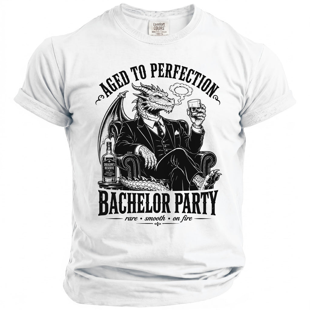 Dragon in suit sitting in chair with drink and bottle, "Aged to Perfection Bachelor Party" text.