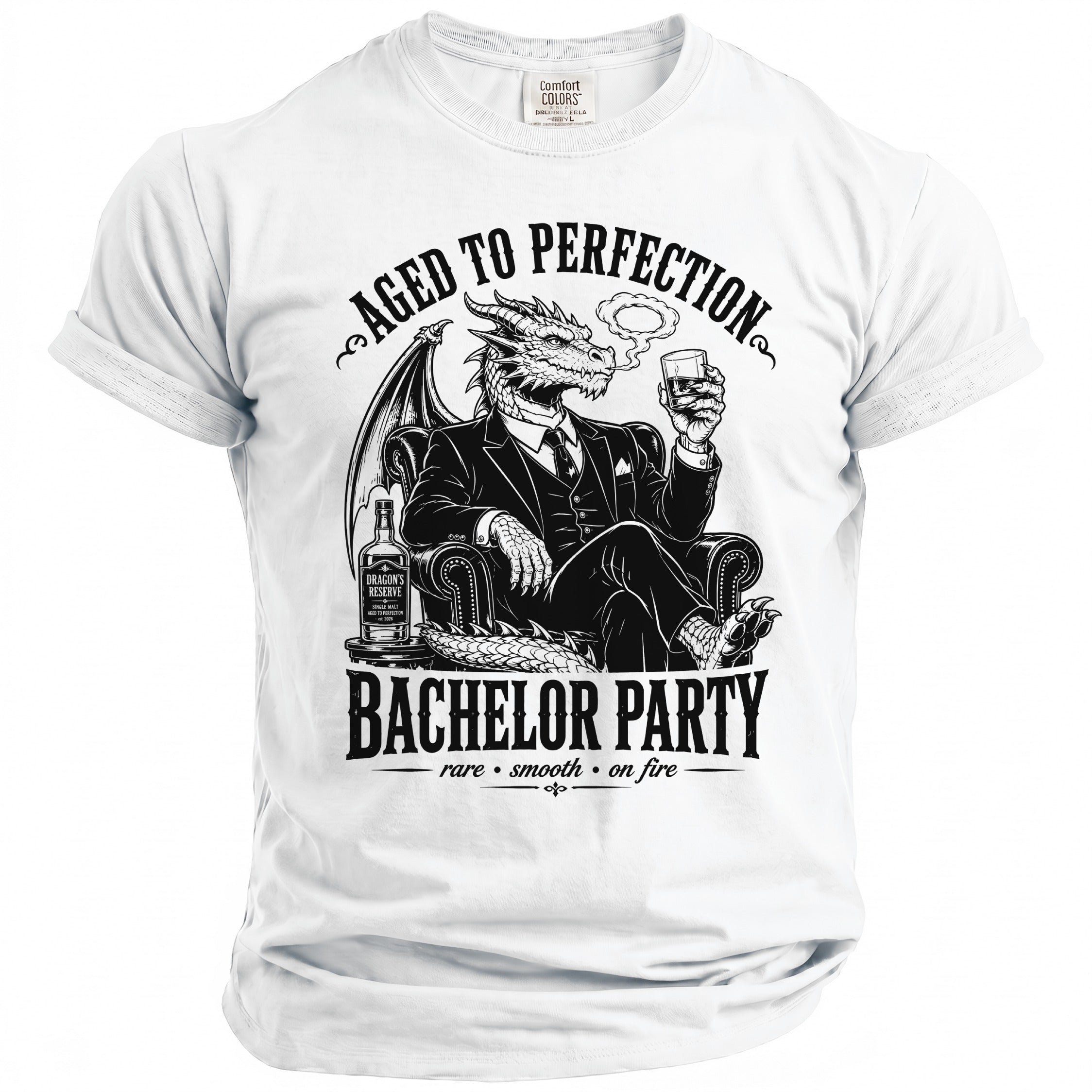 Dragon in suit sitting in chair with drink and bottle, "Aged to Perfection Bachelor Party" text.
