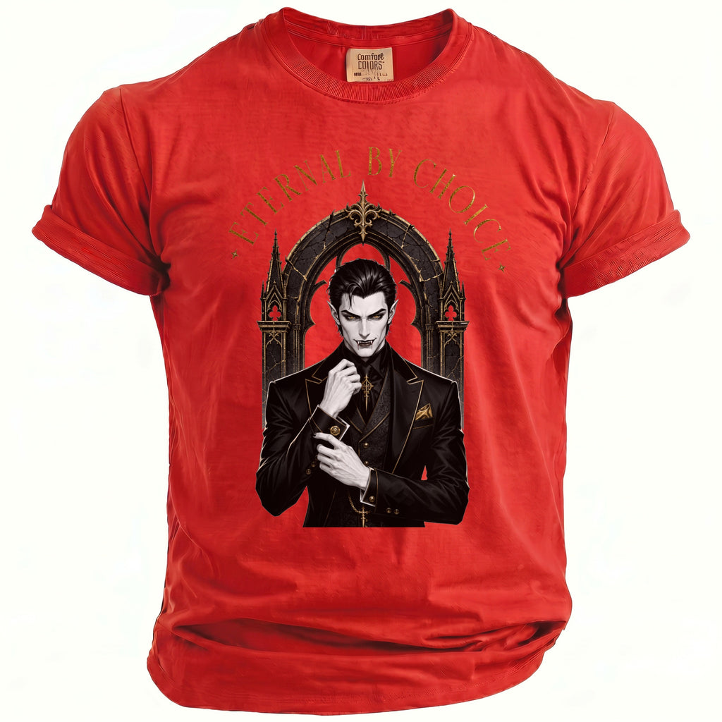 Red t-shirt with a gothic vampire illustration and gold text "ETERNAL BY CHOICE".