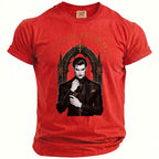 Red t-shirt with a gothic vampire illustration and gold text "ETERNAL BY CHOICE".