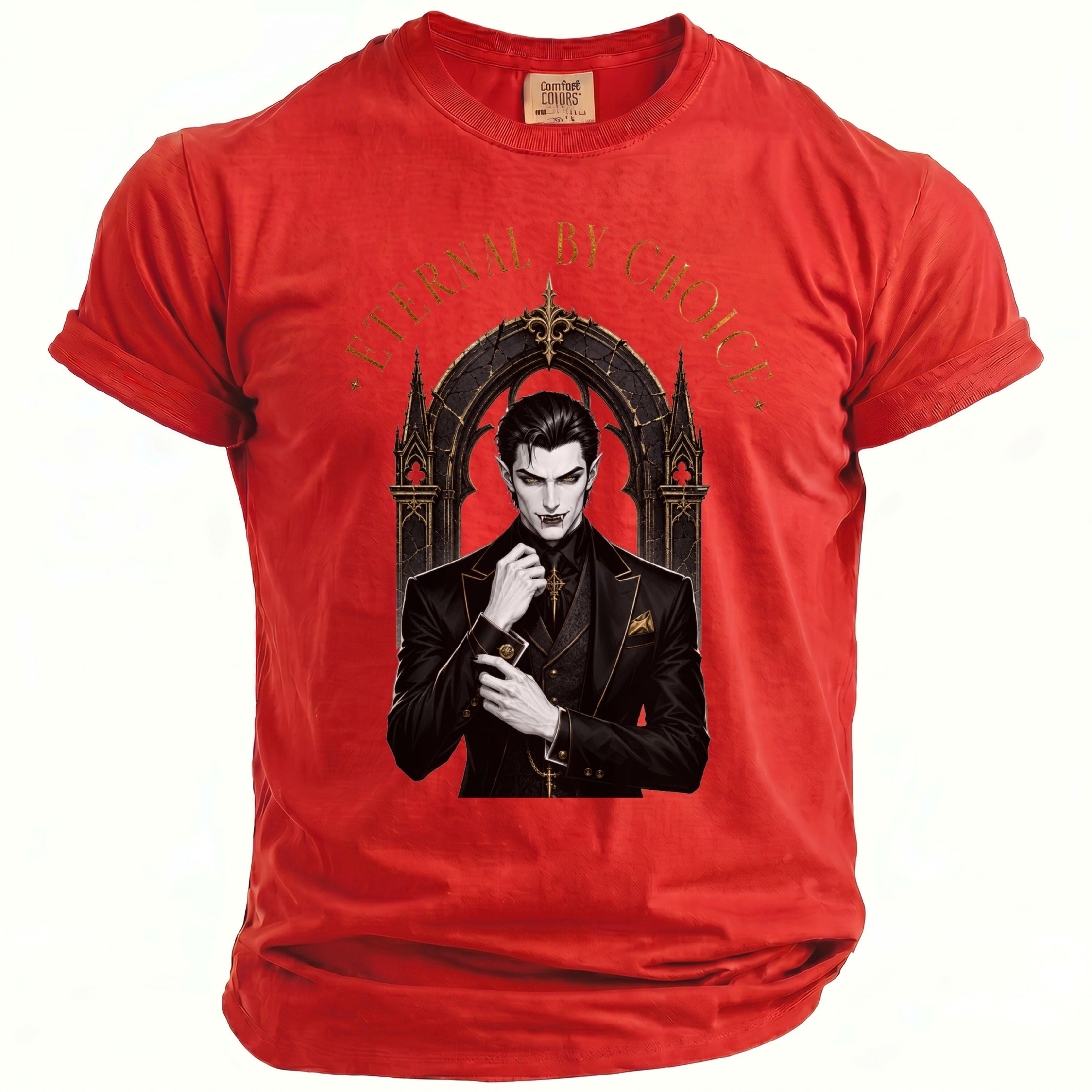Red t-shirt with a gothic vampire illustration and gold text "ETERNAL BY CHOICE".