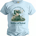 Dragon golfing with text "Last Swing Before the Ring" and "Bachelor Golf Weekend".