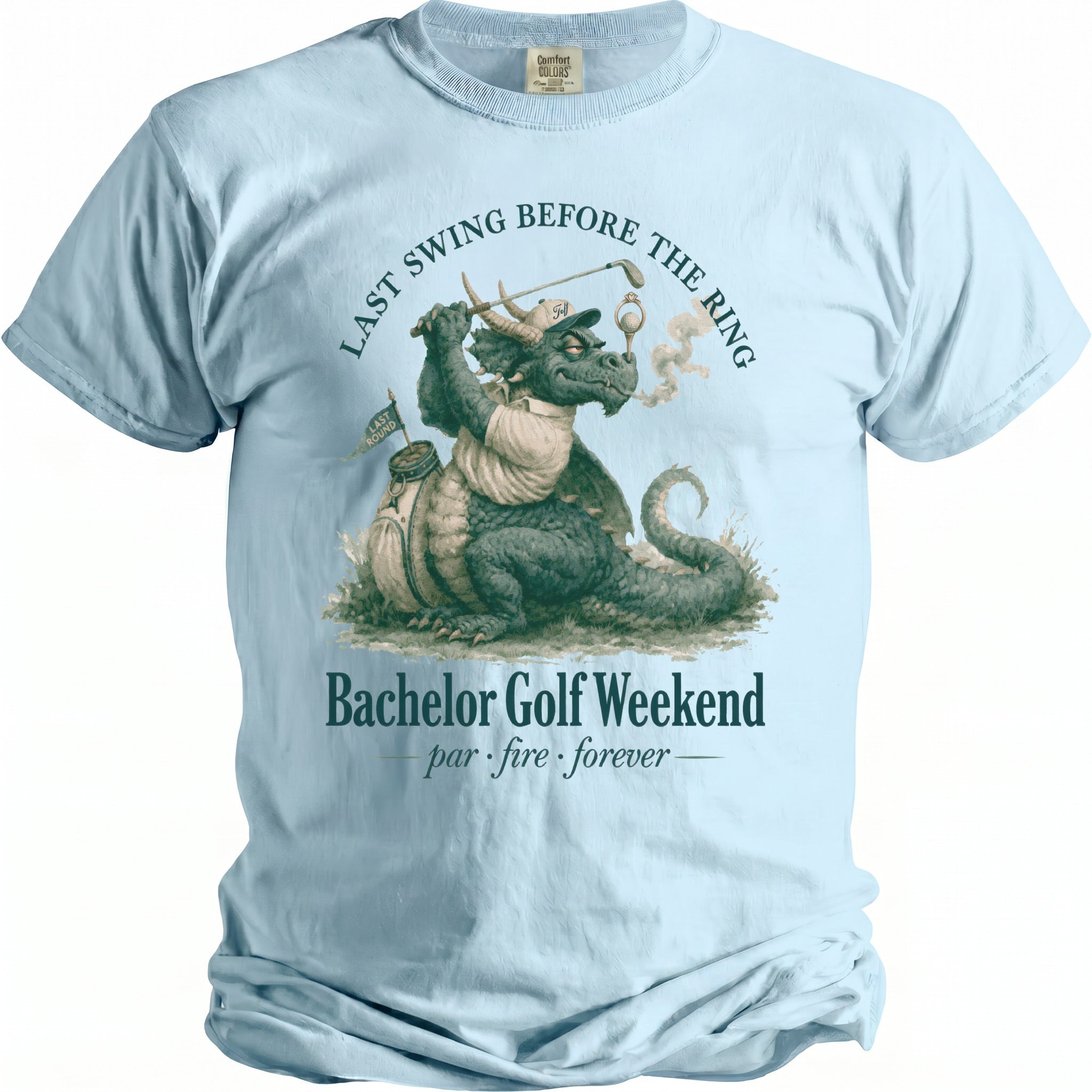 Dragon golfing with text "Last Swing Before the Ring" and "Bachelor Golf Weekend".