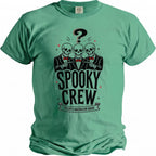 Green t-shirt with three skeletons in suits pointing. "Spooky Crew Tyler's Bachelor Bash" text.
