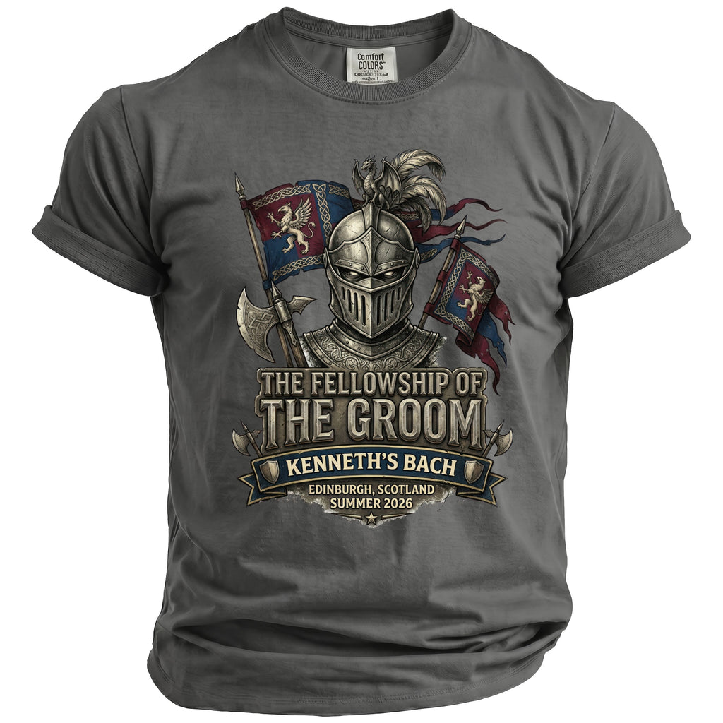 T-shirt with knight graphic, "The Fellowship of The Groom," and "Kenneth's Bach Edinburgh, Scotland Summer 2026."
