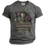 T-shirt with knight graphic, "The Fellowship of The Groom," and "Kenneth's Bach Edinburgh, Scotland Summer 2026."