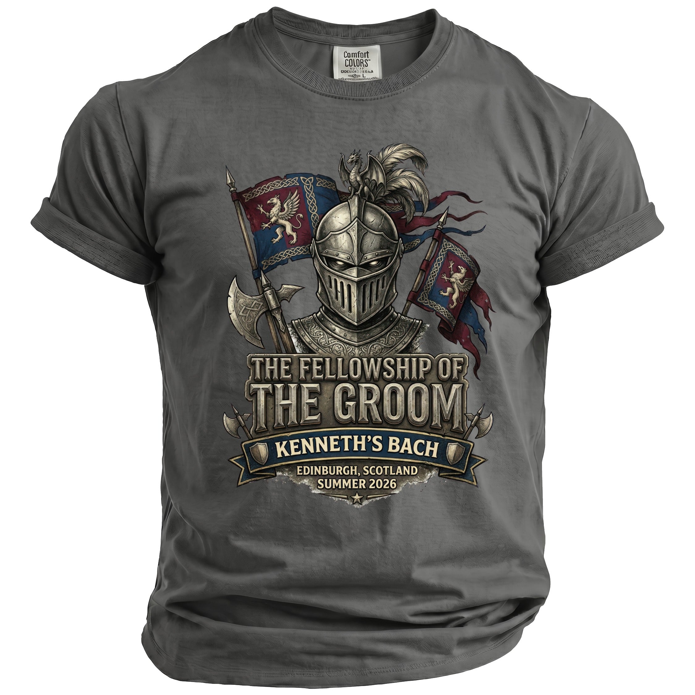 T-shirt with knight graphic, "The Fellowship of The Groom," and "Kenneth's Bach Edinburgh, Scotland Summer 2026."